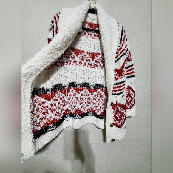 Ally Mae White Knit Red Print Design Long Sleeve Cardigan Women's Size Small - Picture 3 of 7